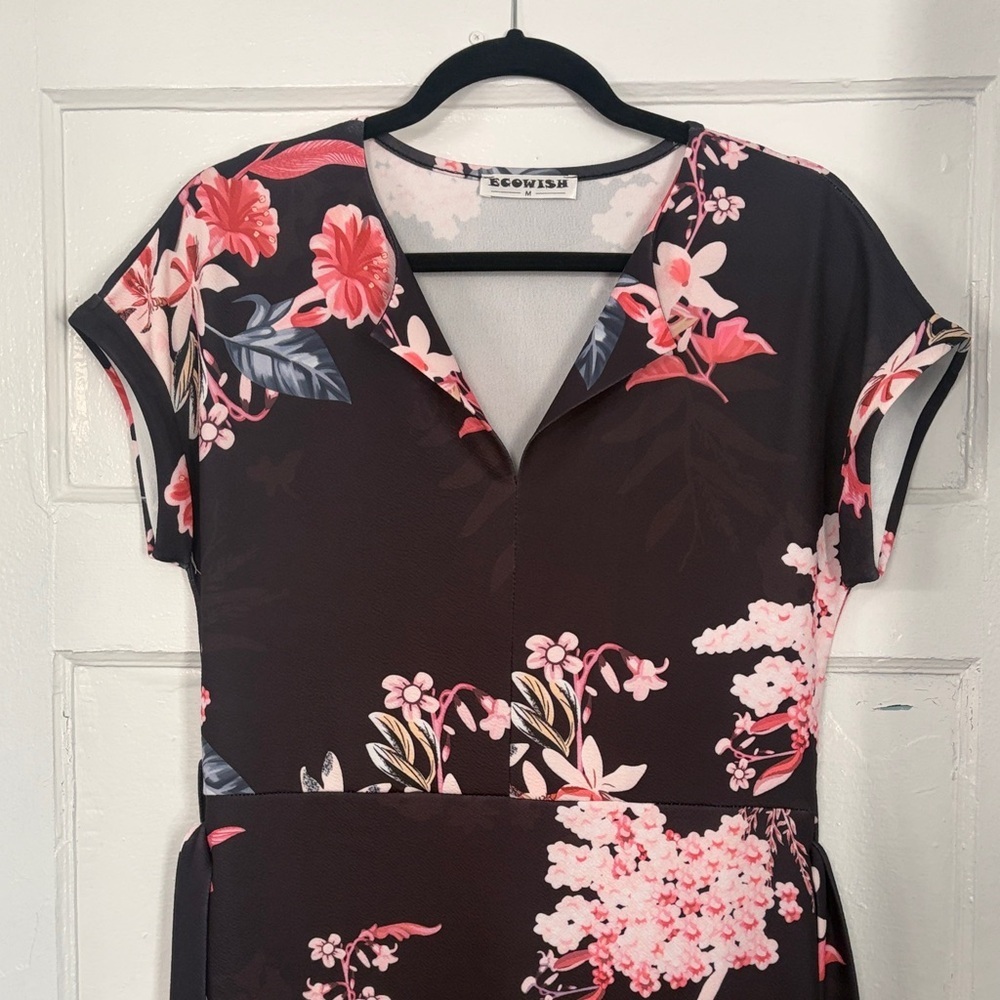 Black Midi Dress with Pink Floral Pattern - Picture 2 of 8